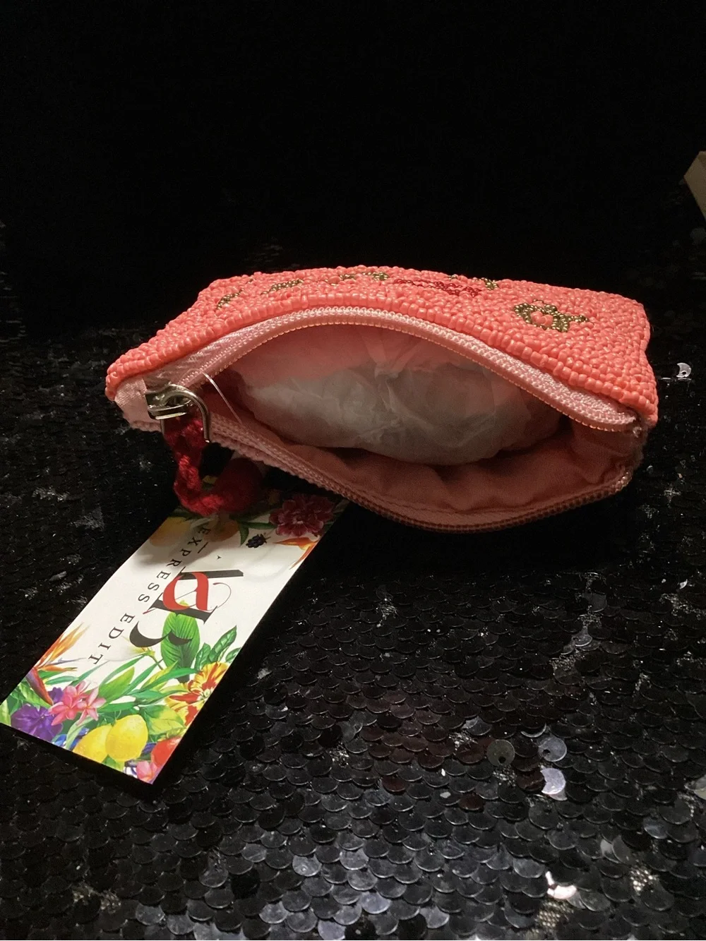America & Beyond Coral Beaded 'Love You' Zip Pouch. NWT